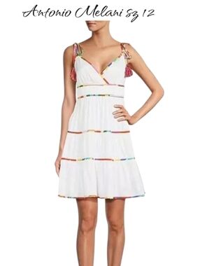 Antonio Melani White Mini Dress Cotton Tasseled Shoulder Ties Tiered NWT sz 12